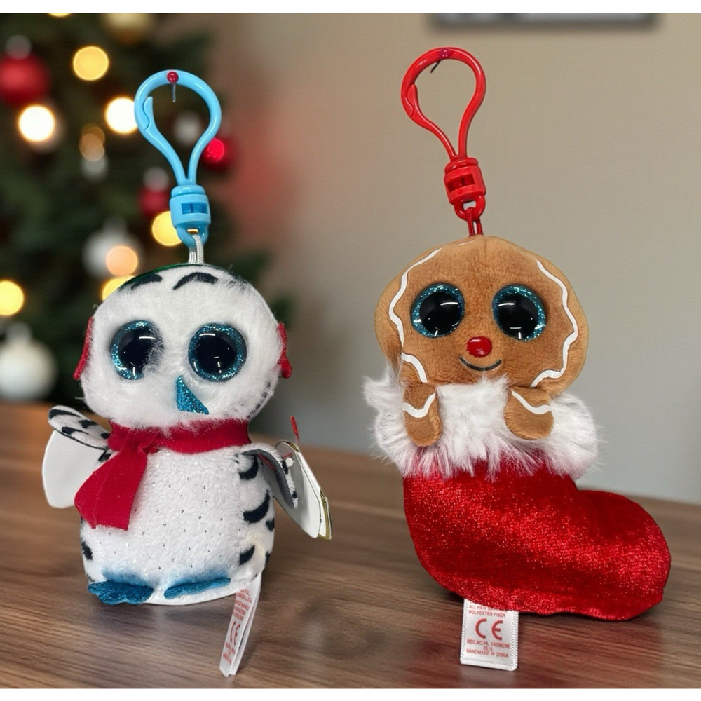 TY Christmas Plush Backpack Clip Lot of 2 JINGLY Gingerbread Man & Nester Owl